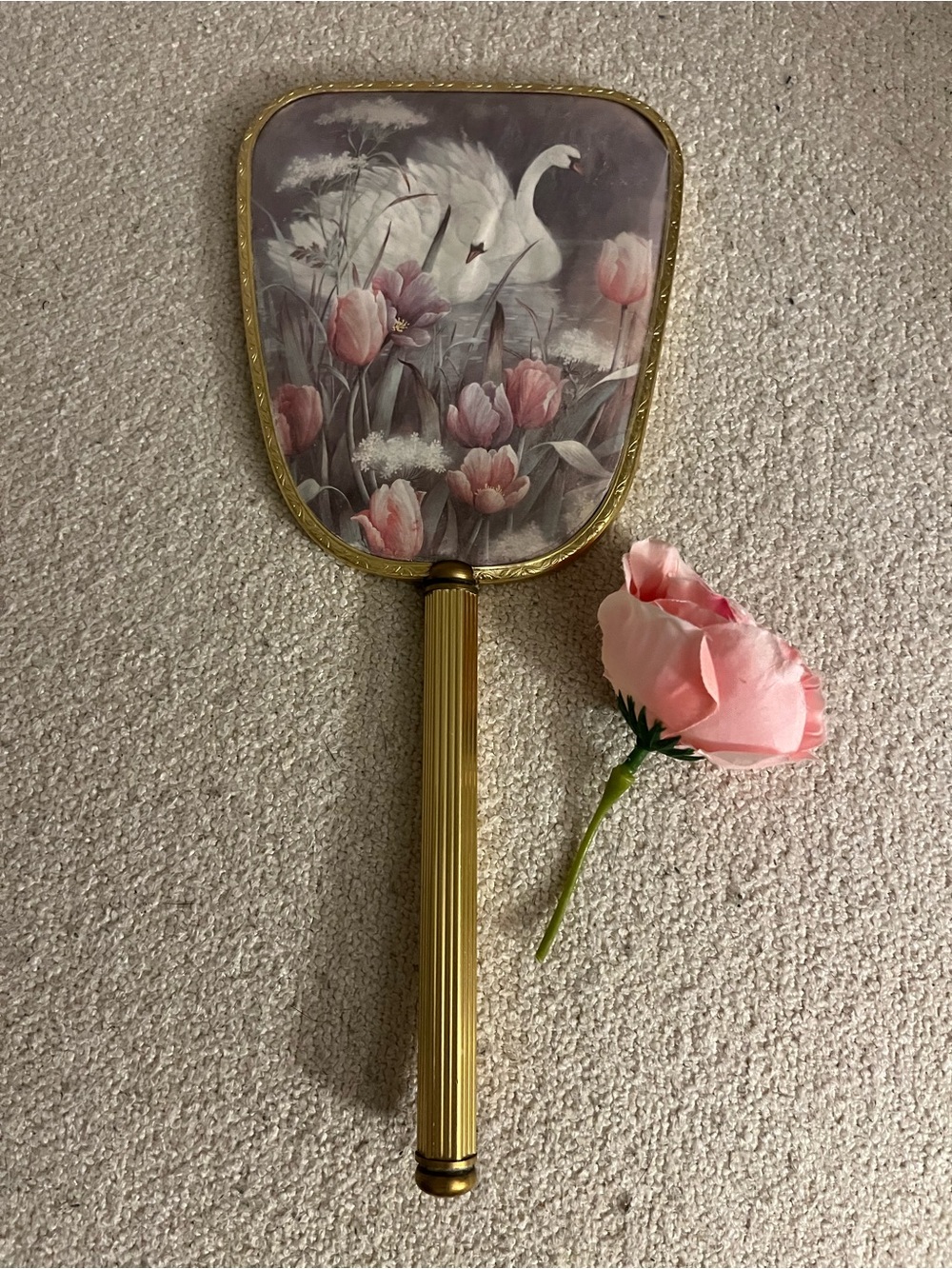 Vintage Gold Tone, Fluted Swan & Tulip Hand Mirror